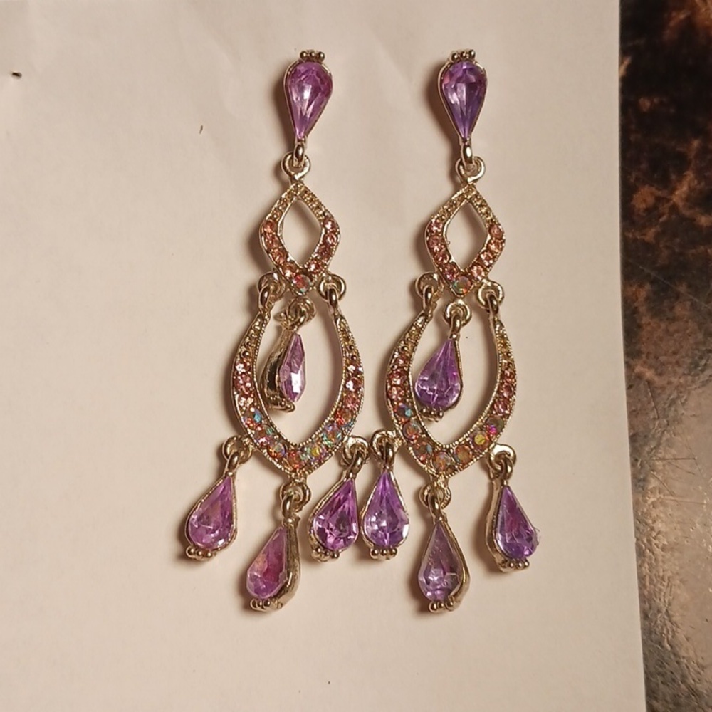 Chandelier Style Silver Toned Lavender Earrings Pierced Ears AB Stones Formal